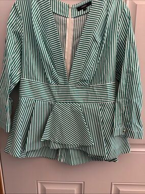 Green and White Striped Peplum Blouse -